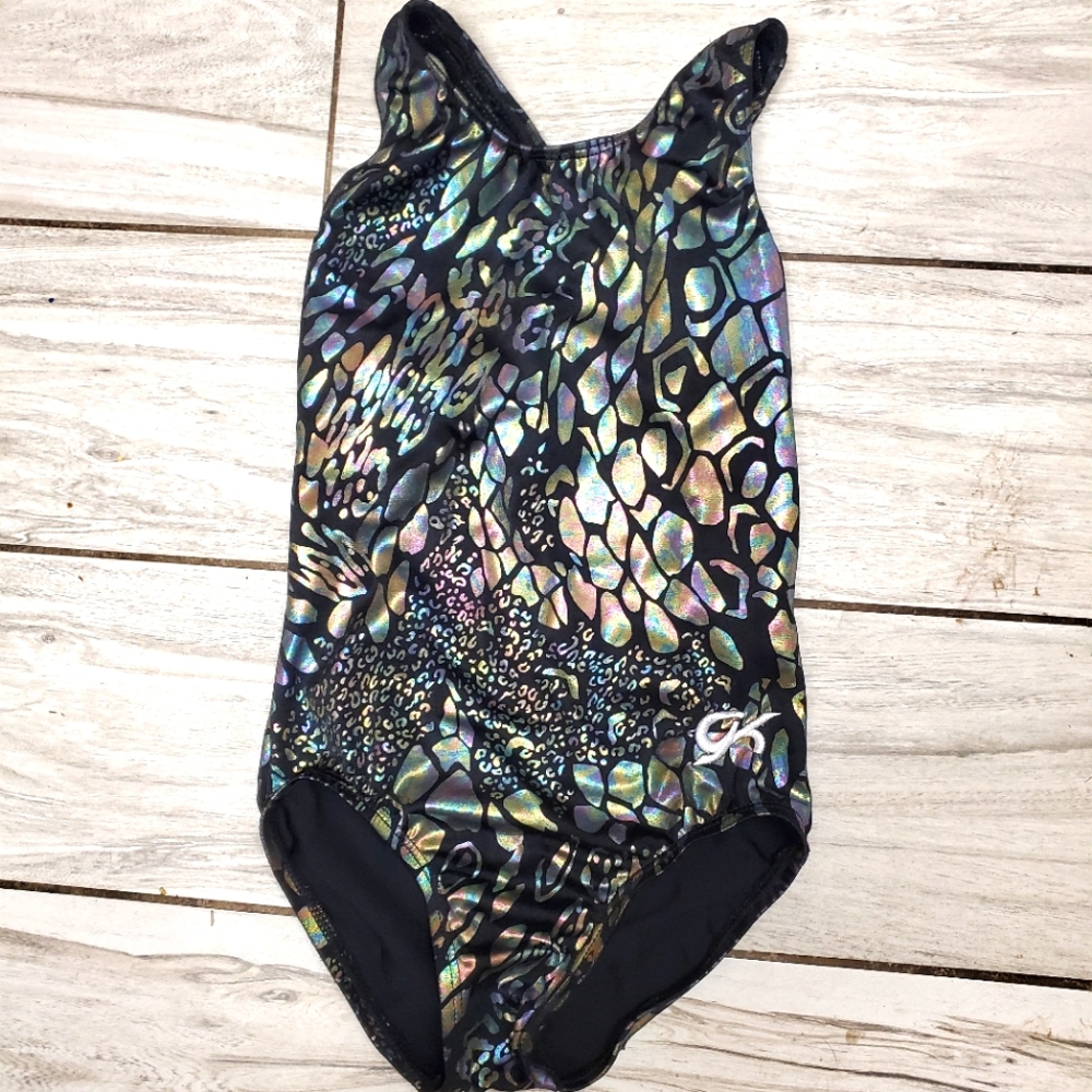 GK Elite Gymnastics Dance Leotard Child Small Black MYSTIQUE REPTILE Snake Print